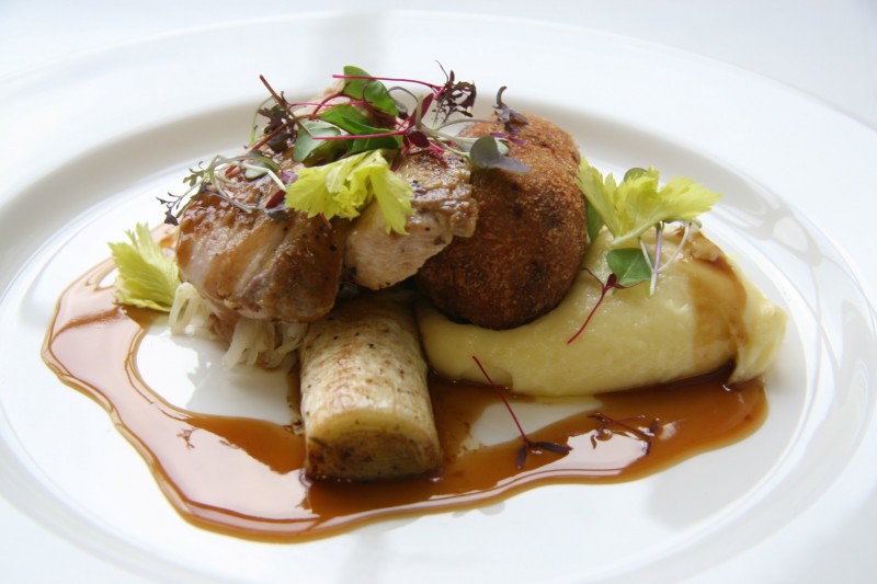 Breast of guinea fowl and confit leg Kiev with potato puree, choucroute and guinea fowl sauce (2)